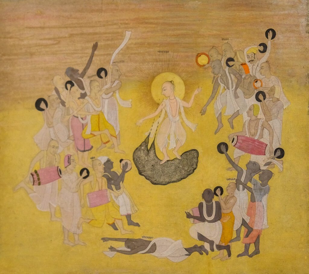 Pahari-style painting of Chaitanya Mahaprabhu dancing with followers