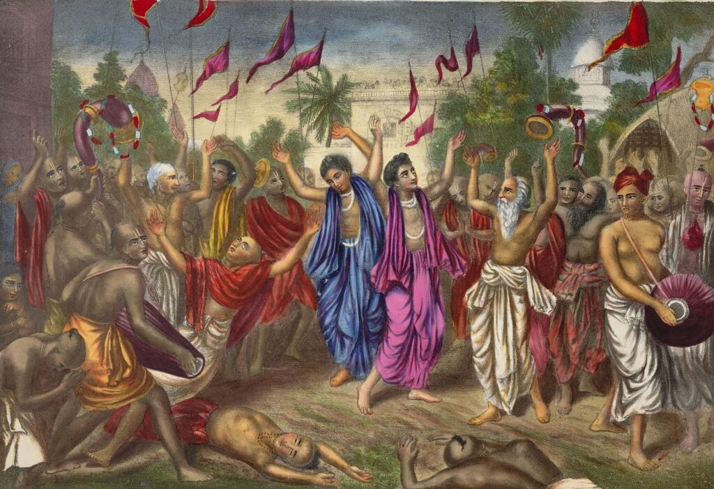 Classic lithograph of Sri Chaitanya Mahaprabhu and Nityananda dancing in sankirtana with devotees