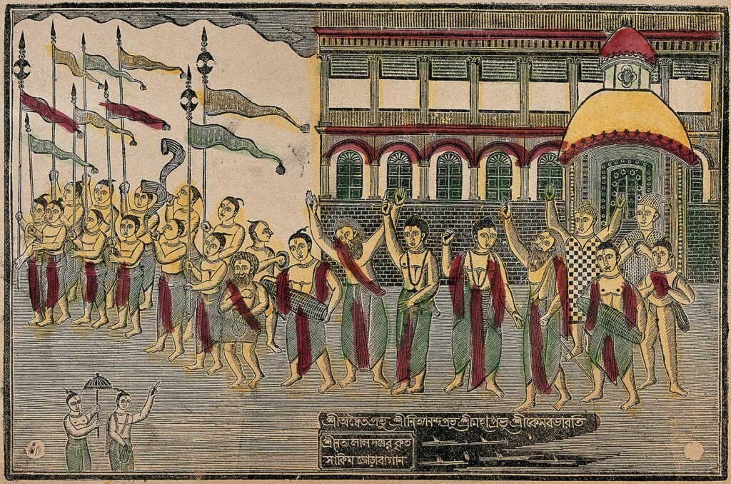Classic lithograph of Sri Chaitanya Mahaprabhu's sankirtana procession with flags and drums